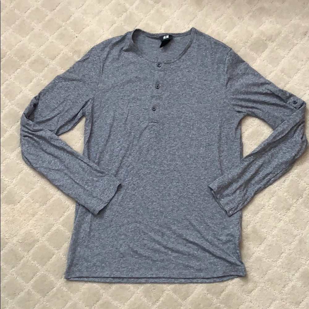 Grey, charcoal long sleeve Henley shirt.